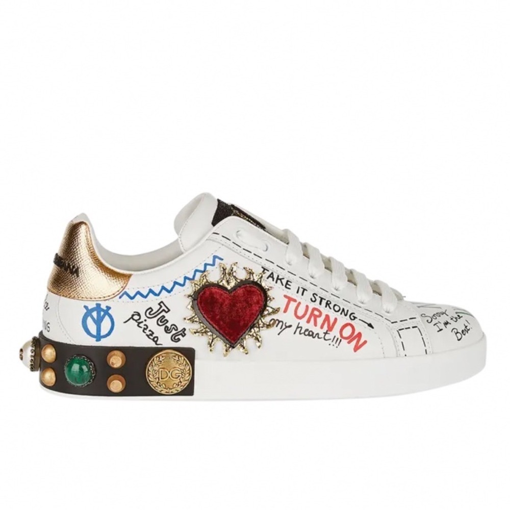 Dolce & Gabbana Portofino Graffiti Leather Sneakers White CS1539 Studded Heart